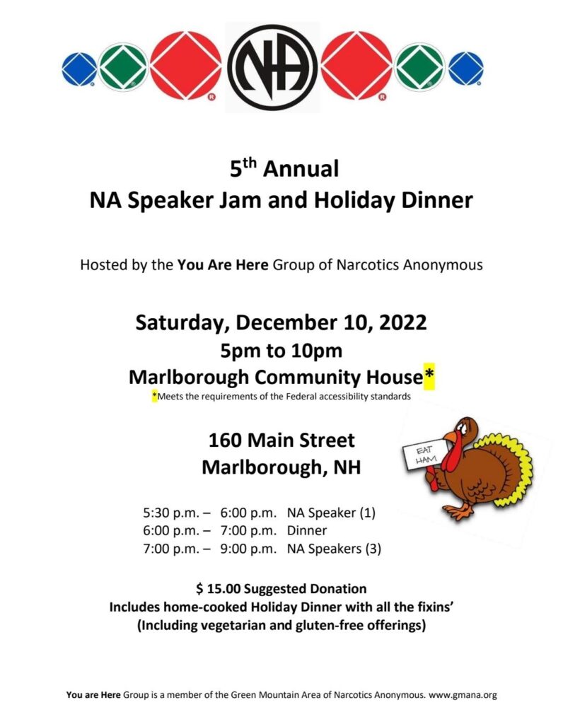 5th Annual NA Speaker Jam and Holiday Dinner @ Marlborough Community House | Marlborough | New Hampshire | United States